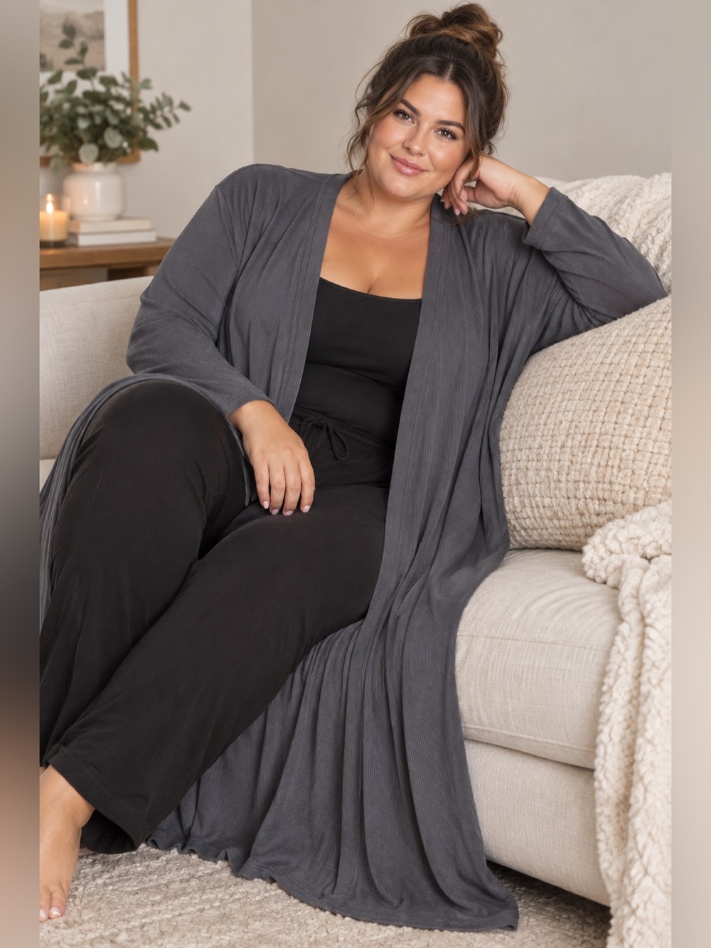 Maxi Ribbed Cardigan in Charcoal by Ekouaer Super Soft NWOT minimalist Chic